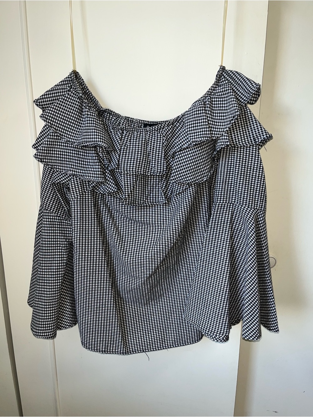 Black & White Gingham Ruffle Off-Shoulder Blouse